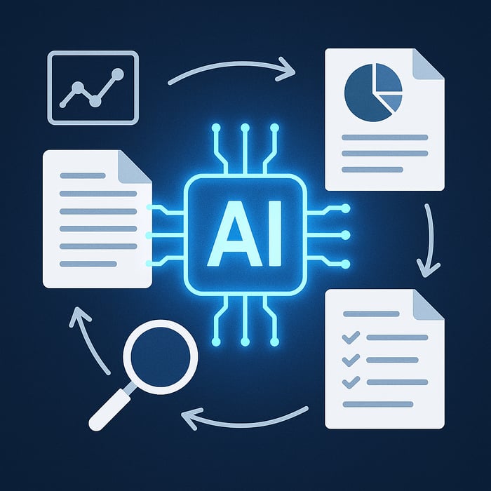 Graphic: A central, illuminated AI chip surrounded by documents, a magnifying glass and a diagram with arrows.