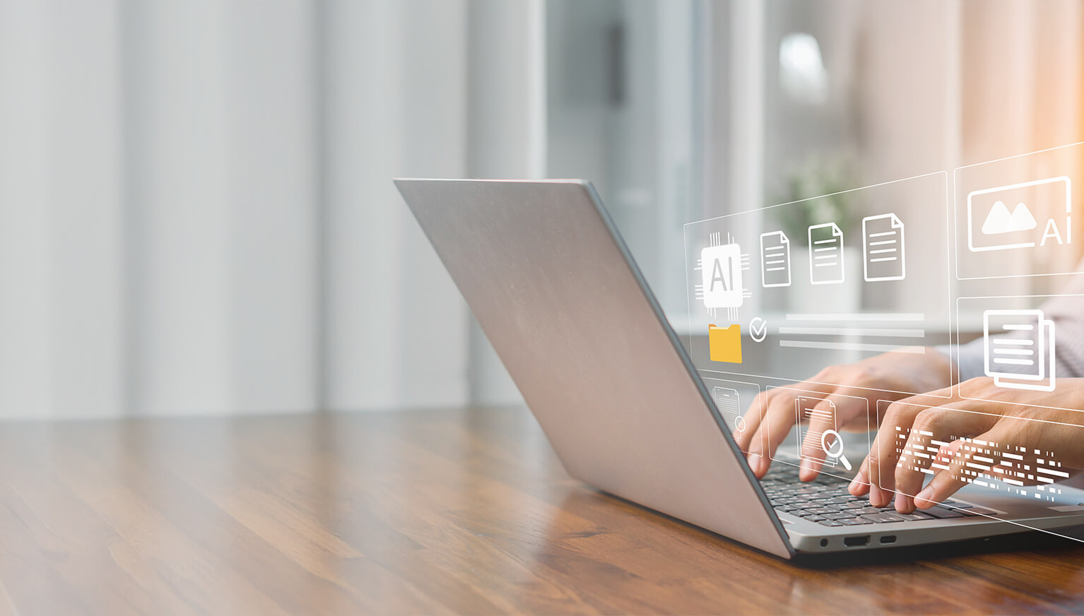 A person is typing on a laptop. Digital symbols indicate AI, document management, and data organization.