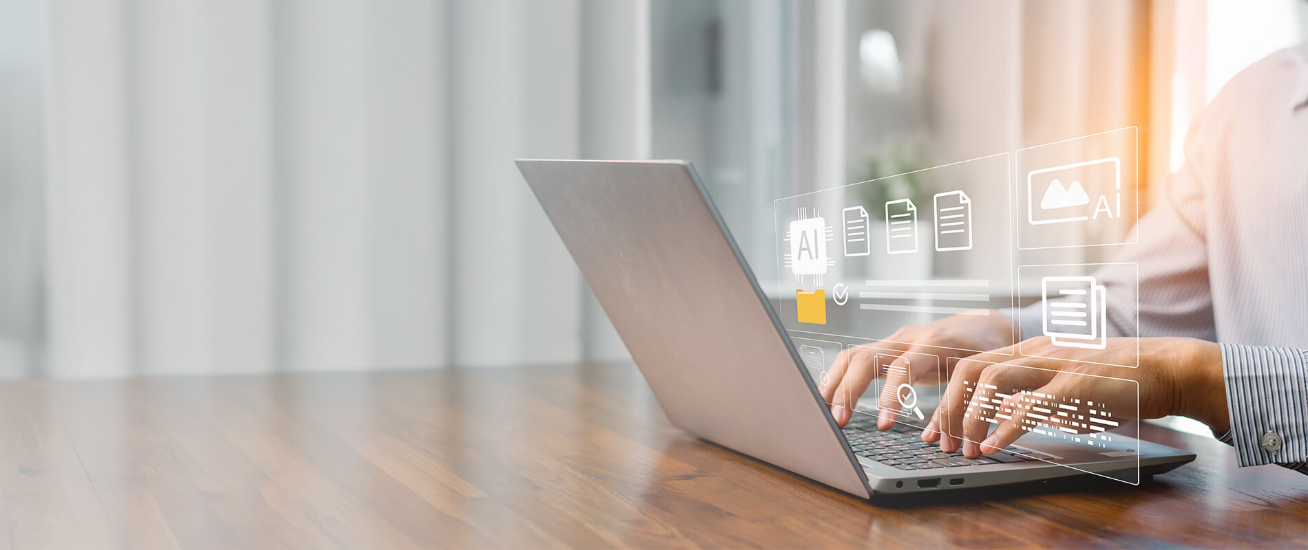 A person is typing on a laptop. Digital symbols indicate AI, document management, and data organization.