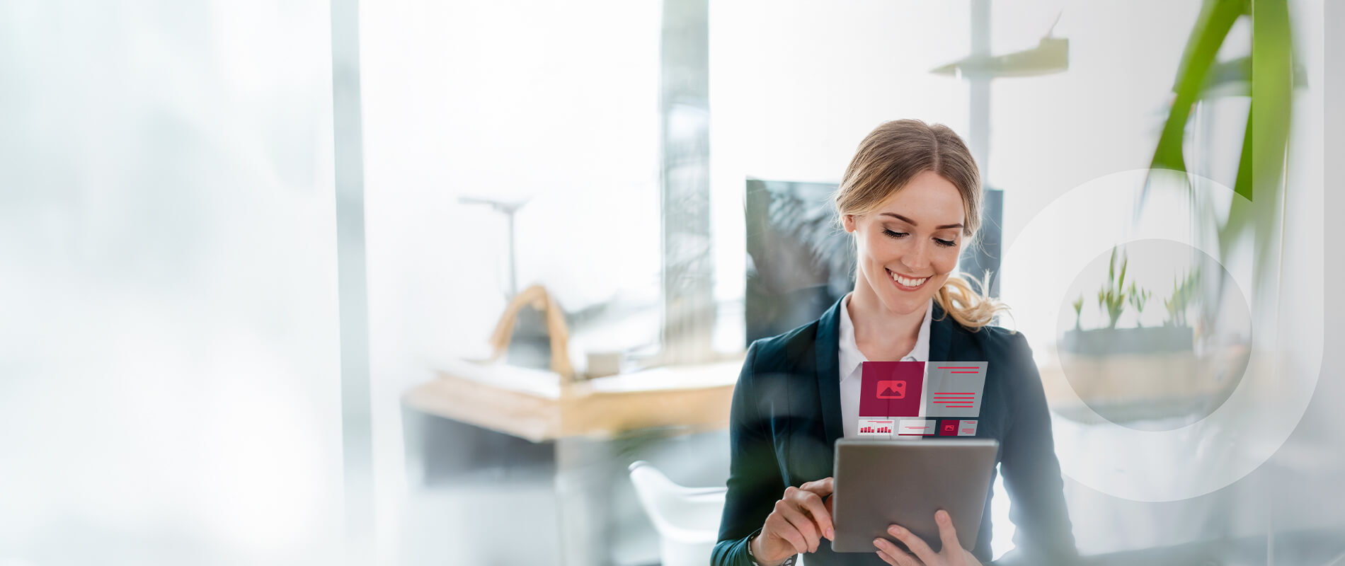 Smiling blonde businesswoman with tablet in bright office. Digital elements float above the tablet.