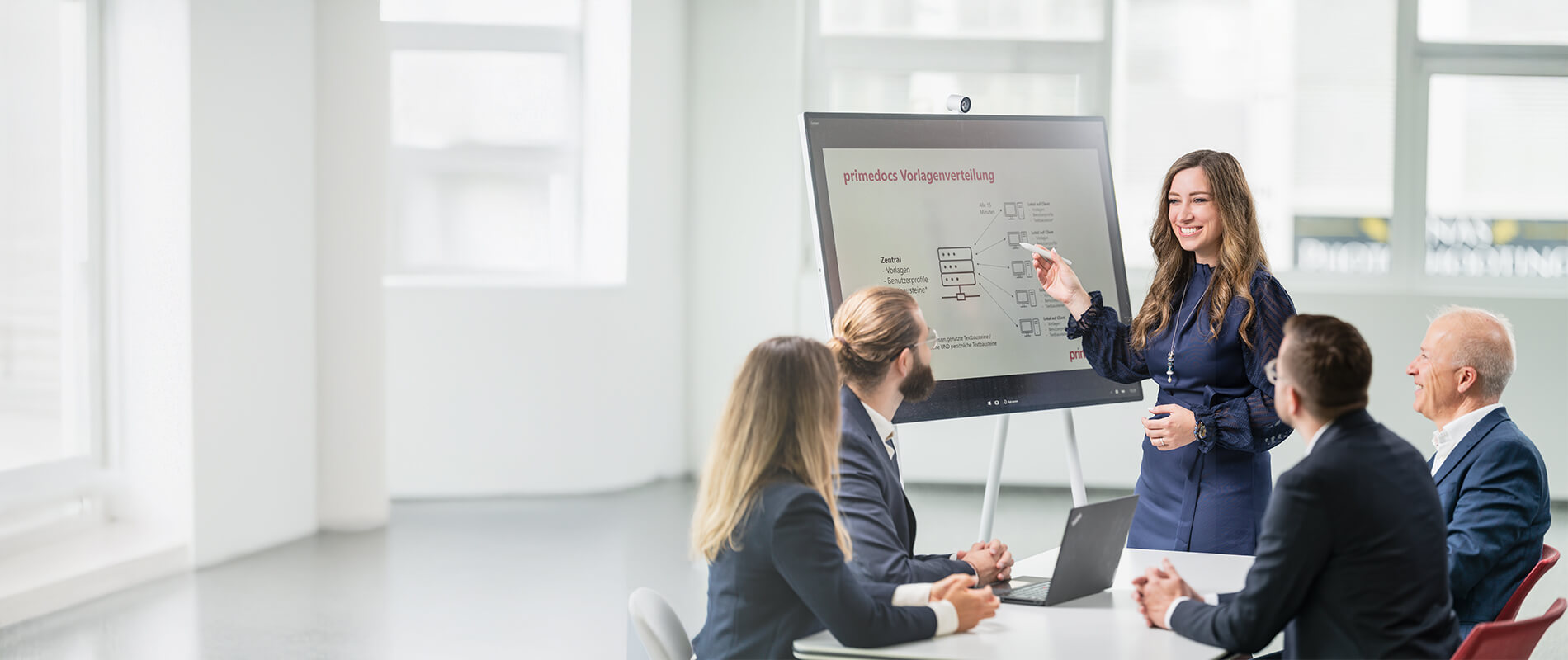 A businesswoman gives a presentation to four colleagues in the meeting room and points to a digital whiteboard.