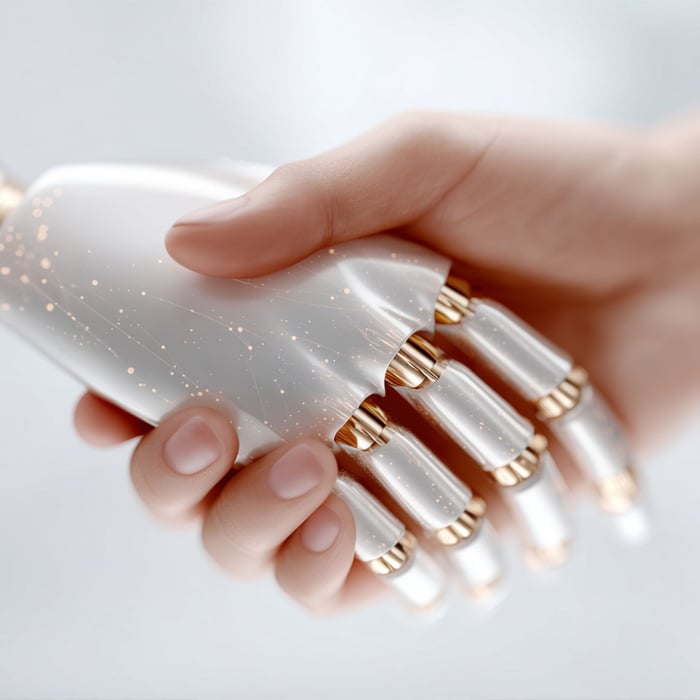 Close-up of a handshake between a human hand and a futuristic, white robot hand.