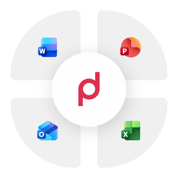 Graphic with an overview of all primedocs modules: Word, PowerPoint, Outlook and Excel